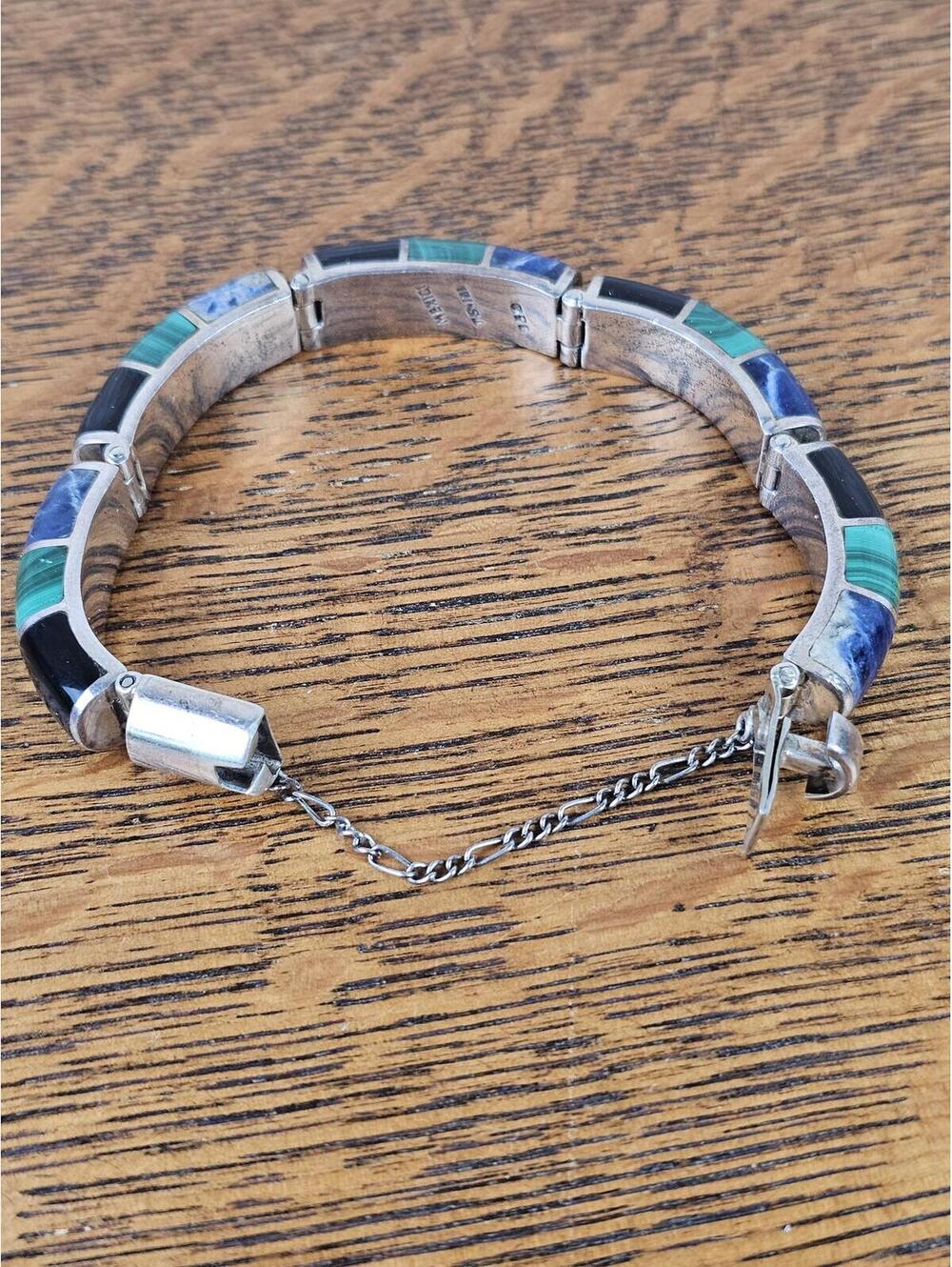Vintage Taxco Mexico 950 Silver Malachite Sodalite Onyx Inlay Bracelet 70g 7" - Picture 9 of 11
